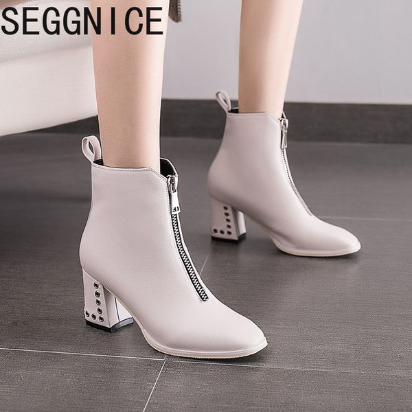 

2019 spring women boots square heels leather zip ankle booties platform shoes women fashion winter zapatos de mujer, Black