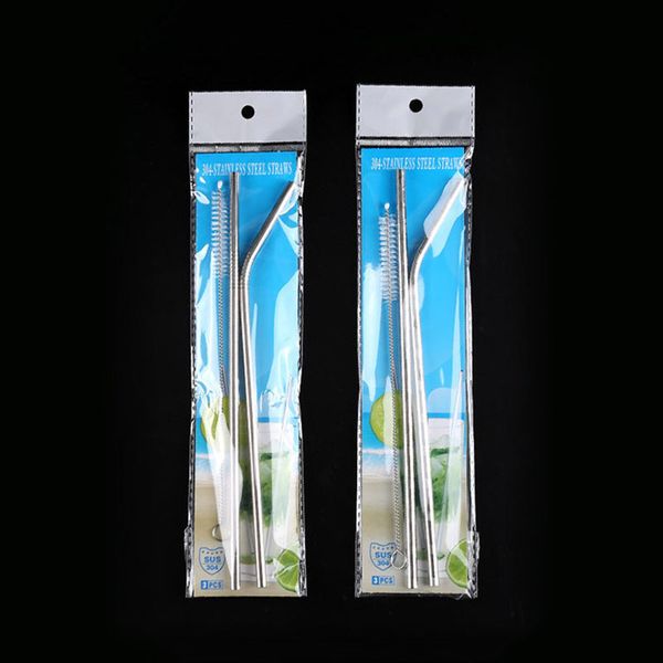 

304 stainless steel straw set 2+1 silver metal drinking straw reusable straws cleaner brush kit eco drinking straws