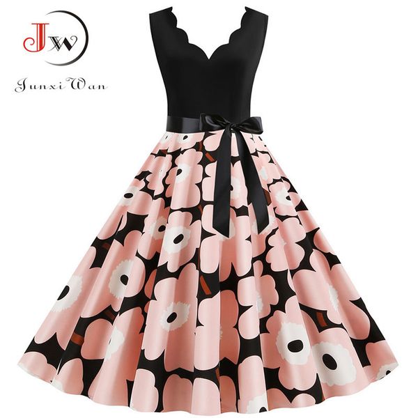 

s~3xl plus size vintage summer dress women robe femme fashion pink sleeveless elegant a-line midi party vestidos with belt, Black;gray