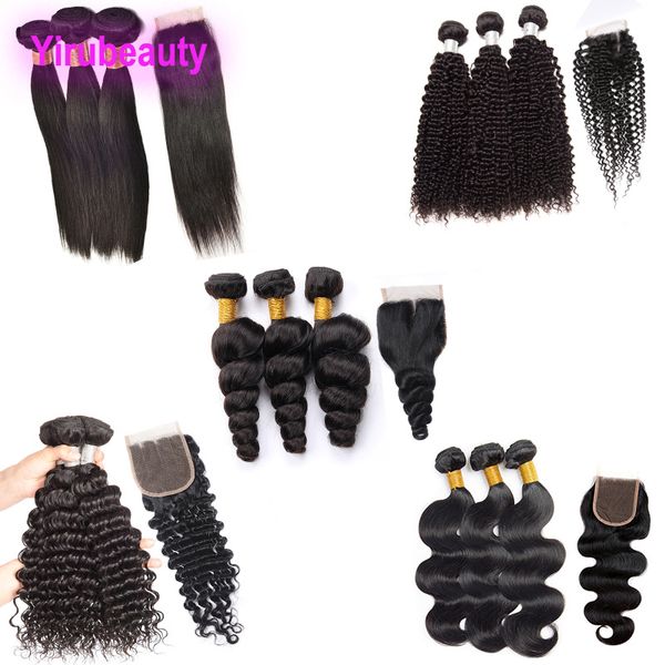 

brazilian virgin hair yirubeauty body wave 3 bundles with 4x4 lace closure straight deep curlys loose wave kinky curly human hair wefts 10-3, Black;brown