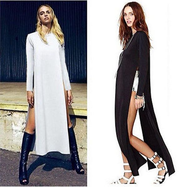 

hirigin 2017 fashion women casual boy style solid two side high split dresses outwear for women long sleeve dresses hot, Black;gray