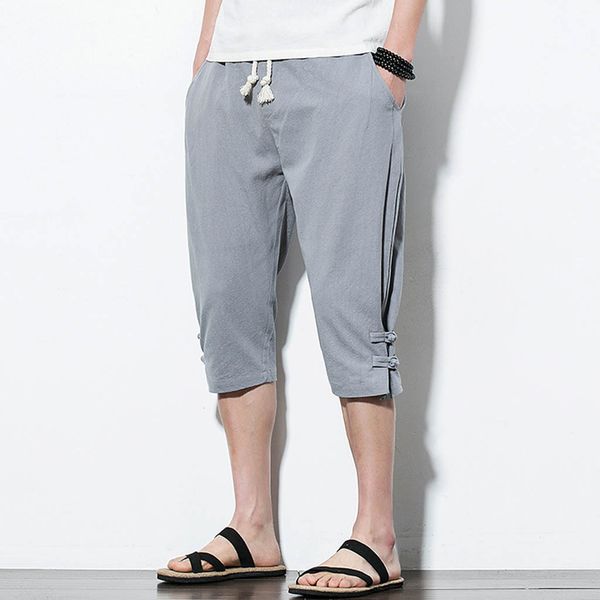 

5xl men's wild crotch harem pants summer baggy men's summer fashion leisure pure color button linen loose calf-length pants z413, Black