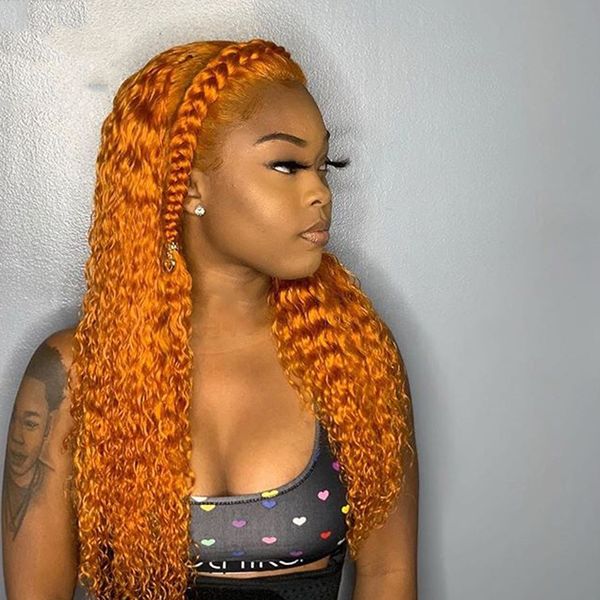 

full lace orange wig lace front wig 13x6 long ginger colored human hair wigs deep curly remy frontal wigs for black women, Black;brown