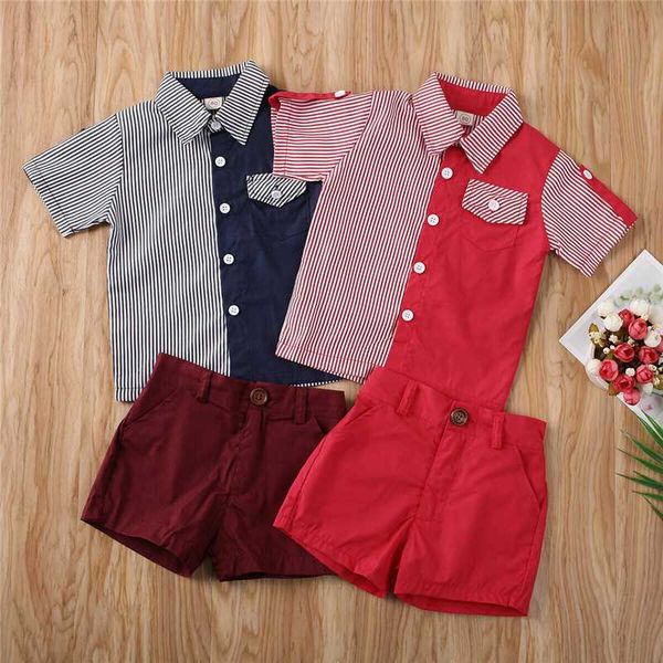 

2020 toddler boy clothes 2pcs newborn kids baby boys summer stripe patchwork shirt short pants outfits clothes, White