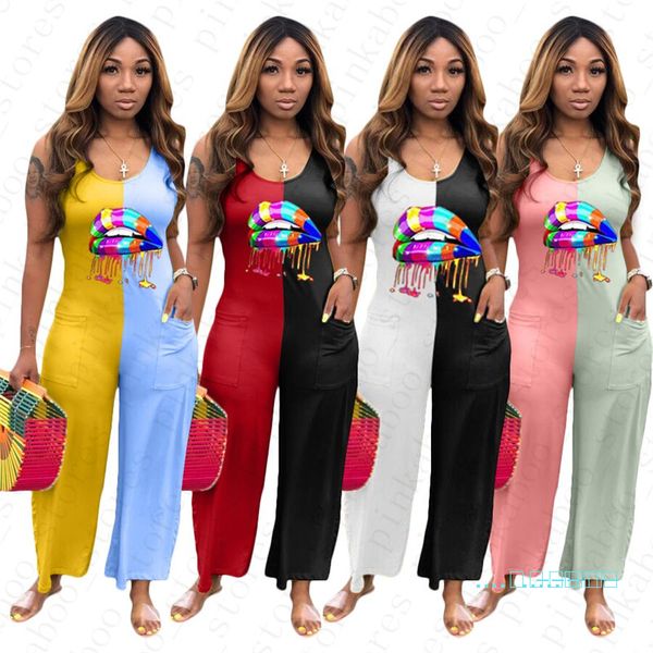 

women loose jumpsuit summer one-piece rompers rainbow lips printed sleeveless ladies patchwork bodysuit casual trendy pants clubwear d5603, Black;white