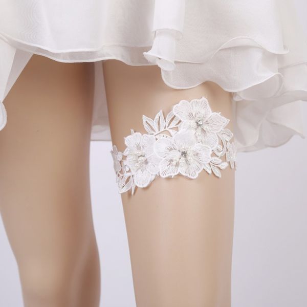 

hollow flower wedding bridal leg garter with pearls for brides bridesmaid, White