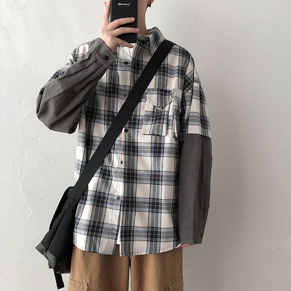 

2019 spring and autumn new japanese lattice tide men's long-sleeved korean version of the fake two-piece tool coat shirt, White;black