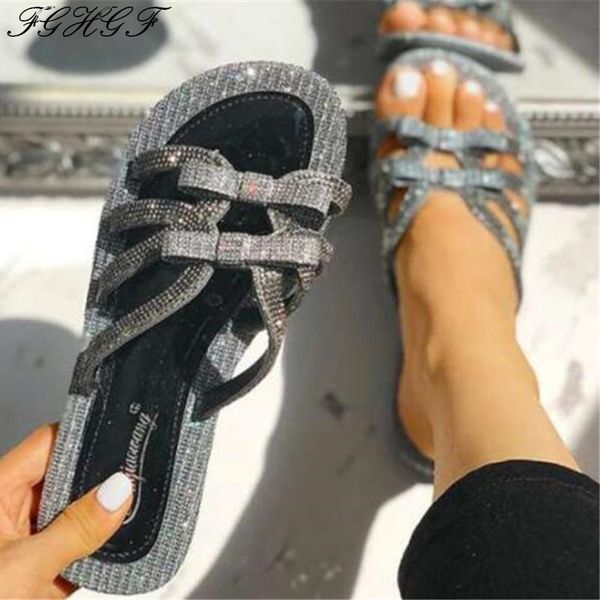 

2020 new women slippers summer fashion bow crystal bling flats casual shoes female outdoor beach slip-on slides woman s123, Black