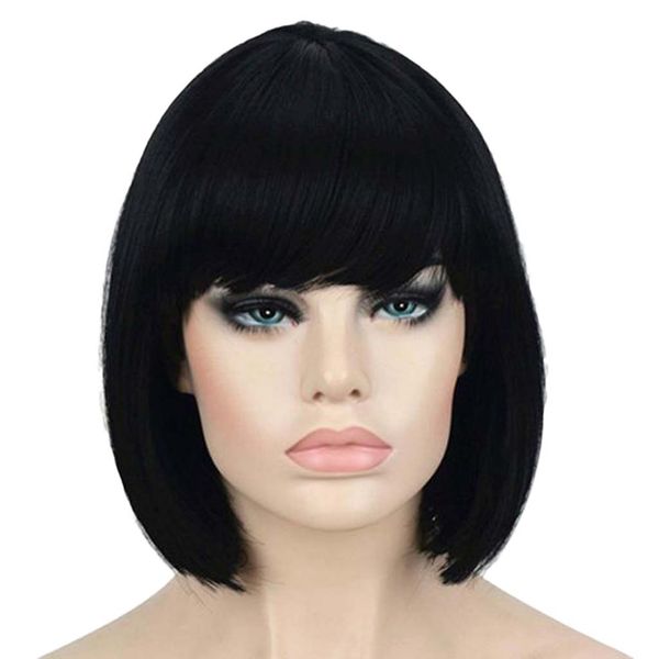 

12 " синтетические парики для женщин натуральные прямые, волосы черный парик с аккуратной челкой, Black