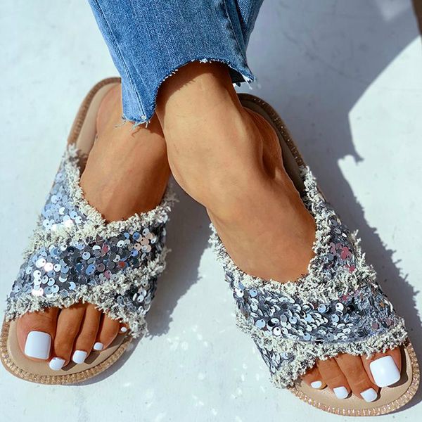 

slippers women bling shine breathable platform sequins flat heel peep toe slides outdoor&indoor non-slip lady shoes zapatos, Black