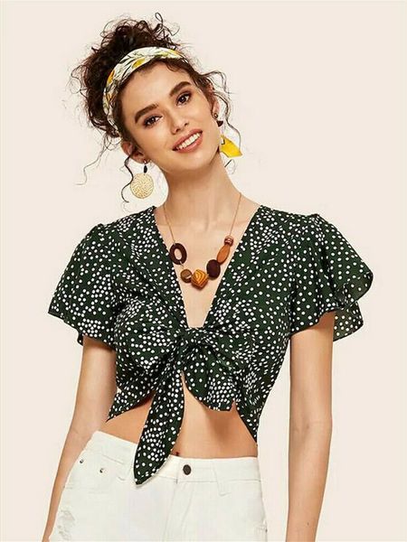

женская мода лето crop tops wave point печати v шеи винтаж бинты с коротким рукавом блузка повседневная леди рубашки, White