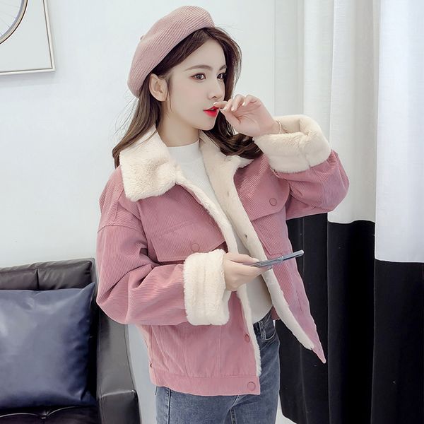 

new thick winter lambswool jackets women's cute outerwear coat woman loose corduroy jacket coat women warm parka female, Tan;black