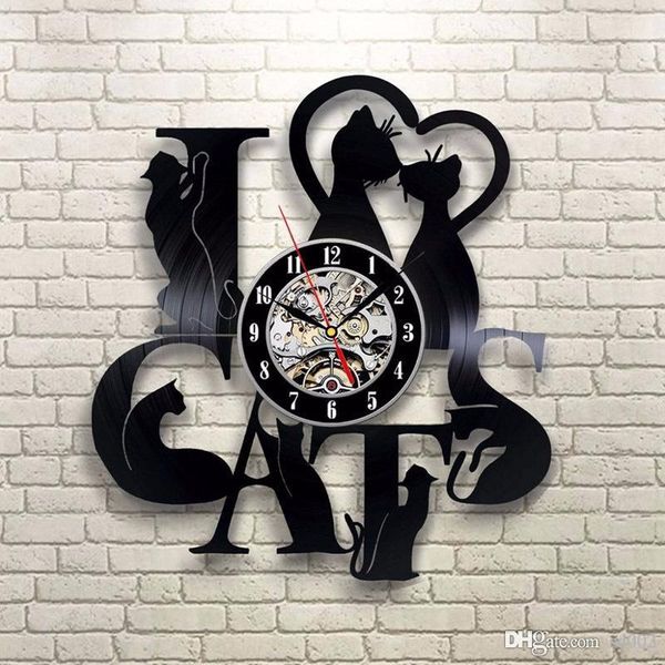 

3d vinyl records clock plastic black i love cat shape wall hanging clocks cartoon cute mute timepiece new arrival 65mdb zz