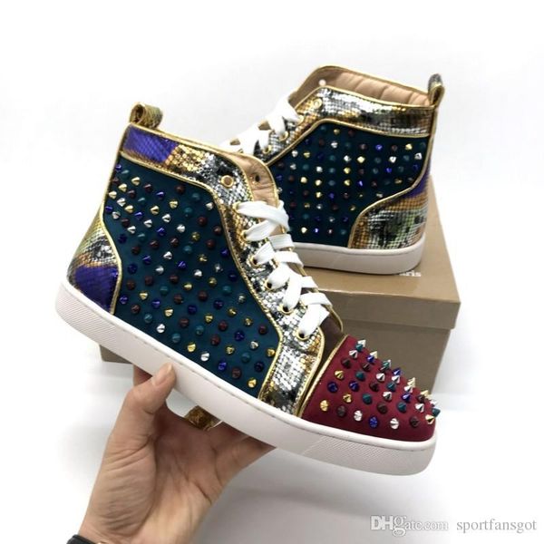 

color spike red bottom leather fashion designer shoes high cut spike sedue calf sneaker luxury party wedding shoes casual shoes, Black