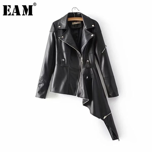 

eam] 2019 new spring full sleeve turn-down collar asymmetrical zipper beading pu jacket women fashion tide ob152, Black;brown