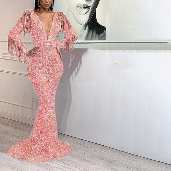 

jaycosin глубокий v образным вырезом макси розовый длинное платье 2019 bodycon блесток кисточкой платье женщины партии сексуальная русалка п, Black;gray