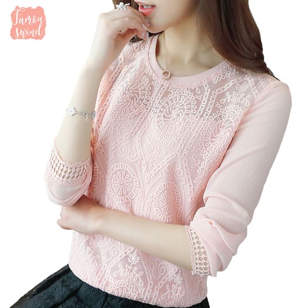 

блуза корейской одежда 2019 и женщины топы мода длинный рукав женское кружево женских топы твердых женщины рубашка blusas 619h 30, White