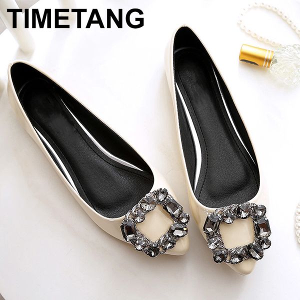 

timetang women flats pu patent leather shoes new fashion pointed toe crystal diamond plus size 33-45 women casual flat heel c123, Black
