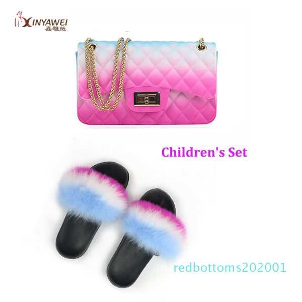 

100% genuine fur fur slippers for child, rainbow shoes, cute flip flops, girl travel shoes, jelly bag set, fashion bag r01, Black