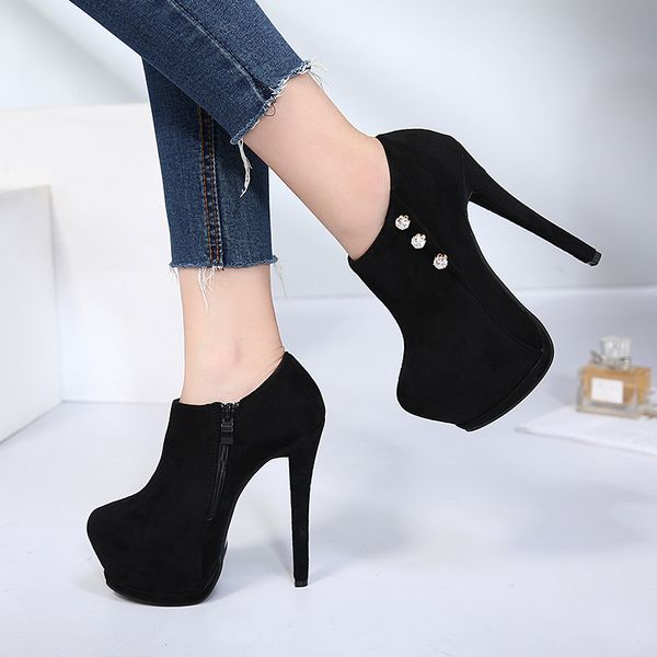 

round toe drill womens boots with thin heels autumn solid color martin boots high heels ladies club shoes, Black