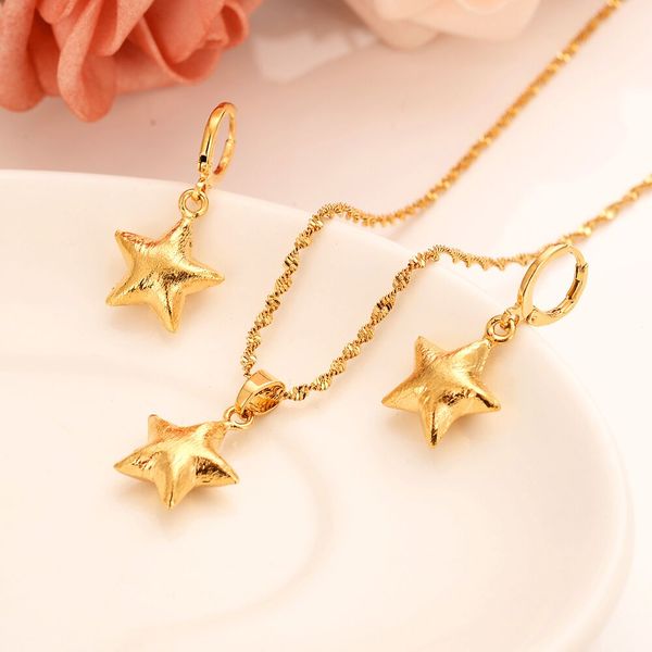 14 k giallo solido oro fine India GF 3-d Imprinting collana pendente orecchino a goccia SET pieno carino stella regalo di compleanno per le donne alla moda