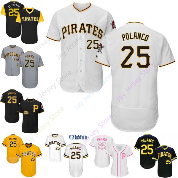

2019 Pittsburgh 25 Gregory Polanco Jersey Pirates Jerseys Cool Base Flexbase Home Away White Black Red Grey Pullover Button Men Women Youth
