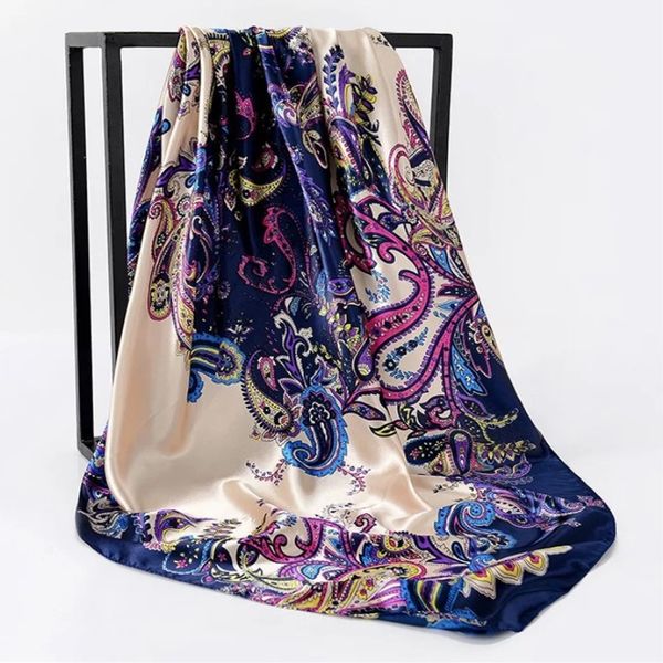 

2020 classic silk scarves foulard 90cm square hijab scarf female ladies chiffon shawl bandanna wrap muffler pareo poncho women, Blue;gray