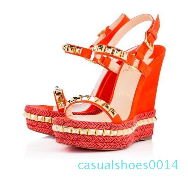 

famous ladies red bottom wedge cataclou sandals gold patent leather studded ladies ankle strap women pumps party dress eu35-42 c14, Black