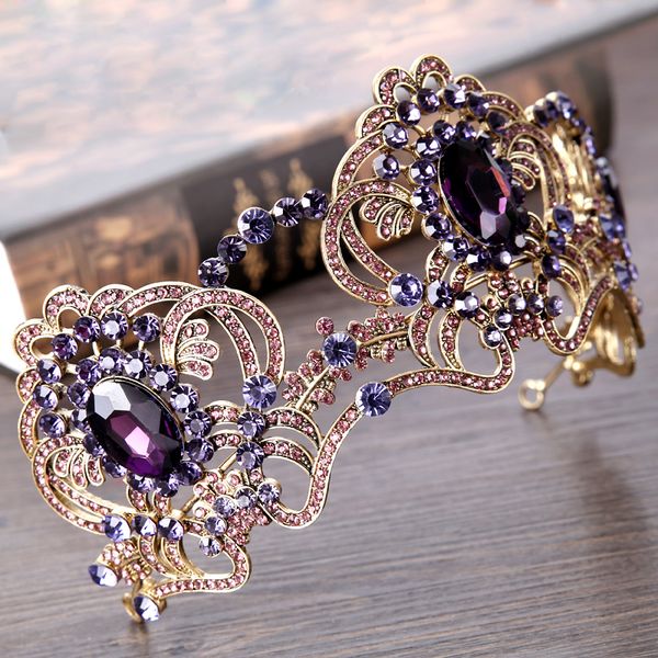 

new flower vintage purple crystal wedding tiara rhinestone bridal crown hair jewelry europe queen wedding hair accessories, Golden;white