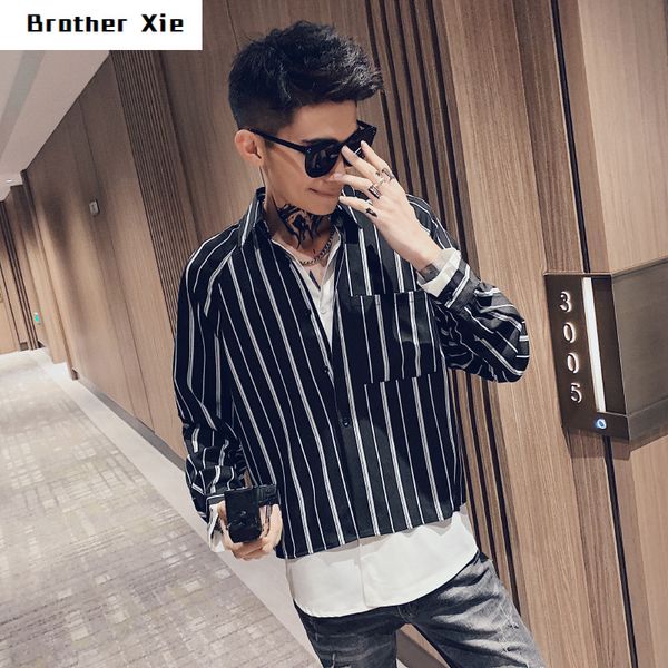 

autumn new dress shirt men fashion business casual striped shirt man streetwear wild loose long-sleeved plaid male -2xl, White;black