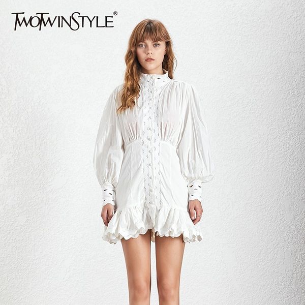 

twotwinstyle casual hollow out shirt dress women lantern sleeve high waist ruffle mini dresses female summer 2019 fashion, Black;gray