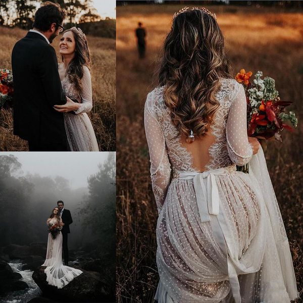 

2020 bohemian wedding dresses with long sleeve v neck lace sweep train beach boho country bridal gowns robe de mariee327l, White
