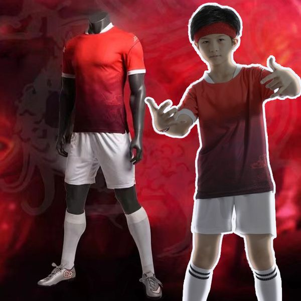 

autumn pupil football serve suit short sleeve printing athletic wear man woman children match training jersey, Black