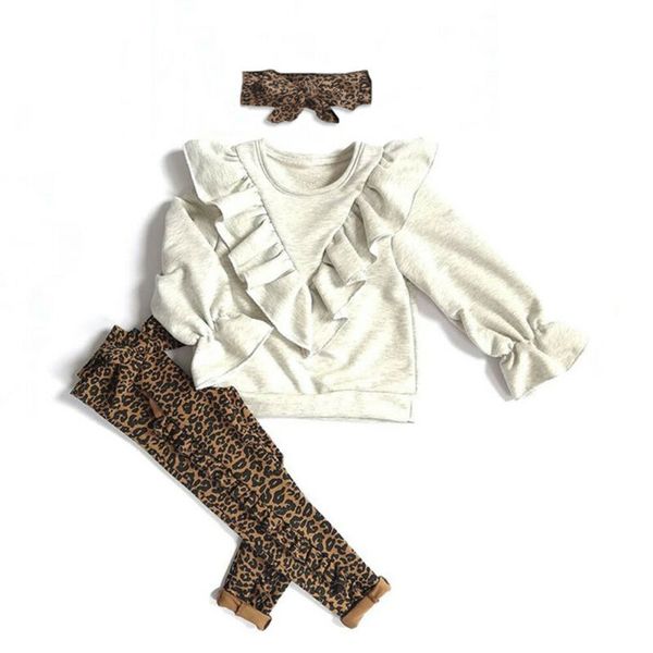 

6m-5y autumn winter kid baby girl clothes ruffle t-shirt bow leopard long pants 3pcs soft cotton outfit set, White