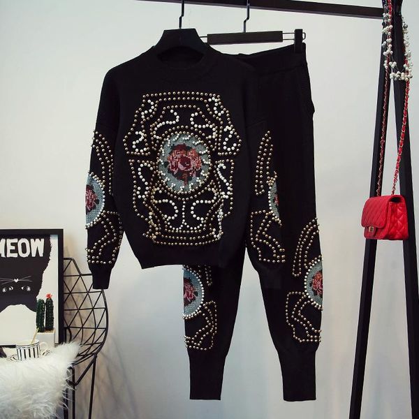 

2020 women's tracksuits luxury sports suit women women beaded cross-stitch knitwear sweatshirt tracksuit jacket sets size s-xxl, White