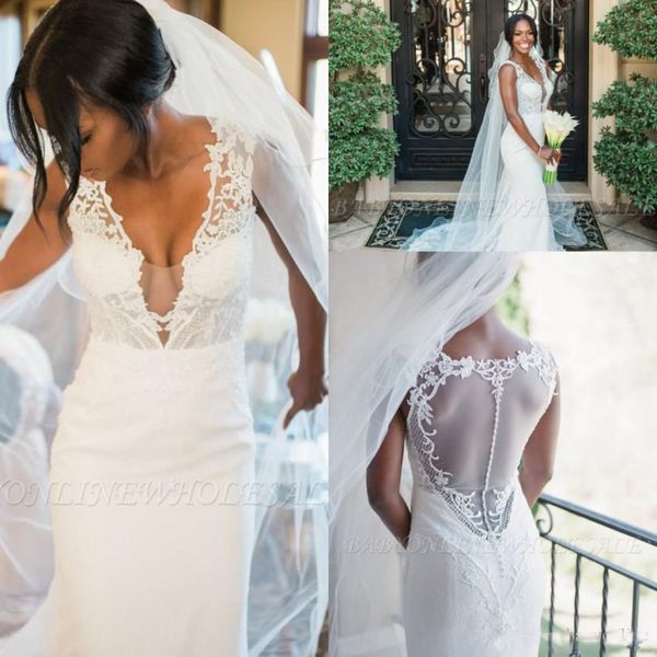 

african romantic white mermaid wedding dresses for western garden weddings v neck sheer back appliques sweep train bridal gowns