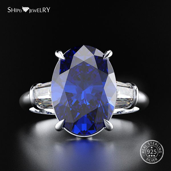 

shipei big natural sapphire oval ring 925 sterling silver gemstone oval ring for women wedding engagement anniversary gift, Golden;silver