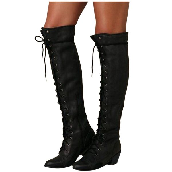 

outdoor women's round toe low-heeled lace-up shoes western knight long boots booties zapatos de mujer shoes bota feminina, Black