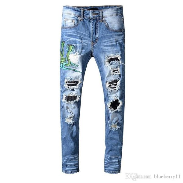 

новый стиль мужчины вышивки проблемные патчи брюки hip hop узкие синие джинсы hole тонкий брюки, Blue