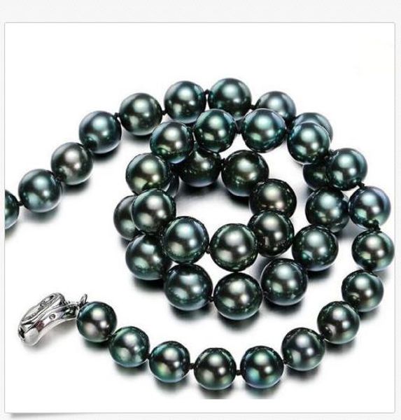 

aaaa10-11mm tahitian black green round pearl necklace 18inch, Silver