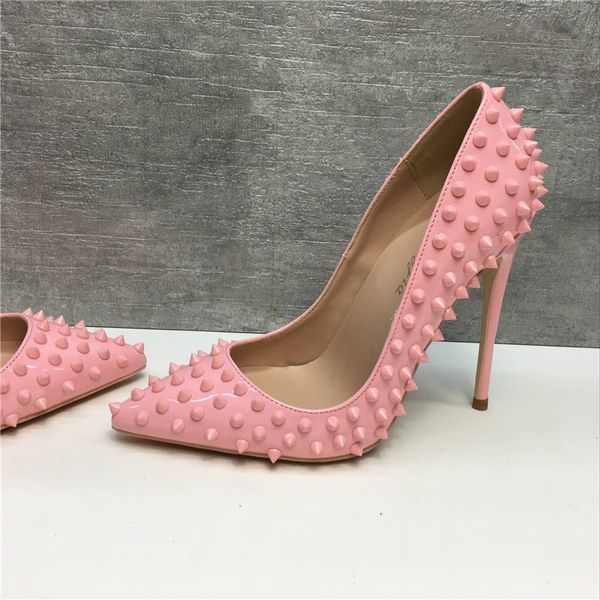 Новый розовый лак заклепки, тонкие каблуки остроконечные туфли на высоком каблуке, 12 см супер-высокий каблук, модные и сексуальные банкетные туфли, на заказ 33-4