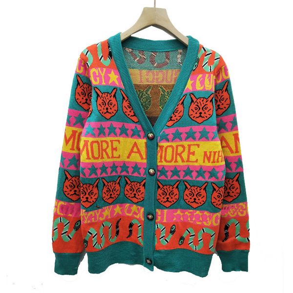 

designer women's autumn knits luxury spring cartoon pattern fashion knit cardigan coat female animal print s-l wholesale, White