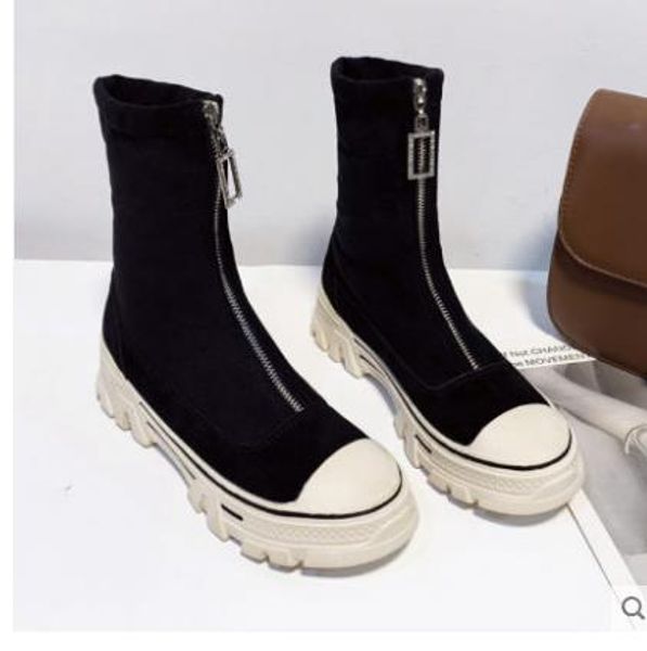 

women boots 2019 winter stretch boots short sneakers long flock thick platform slip-on women's botas mujer, Black