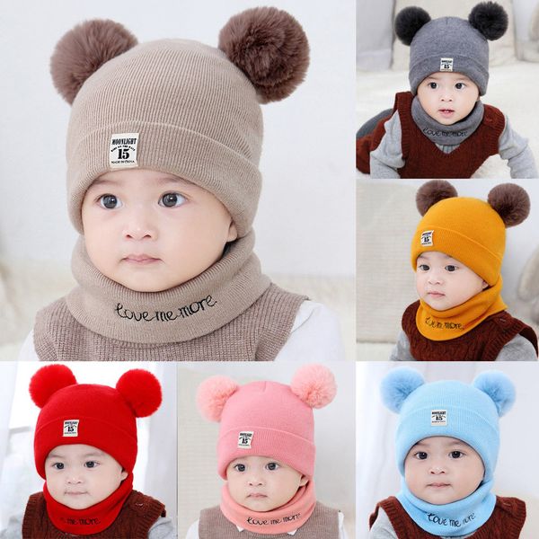 

newborn kid hat baby boy girl pom hat winter warm knit crochet beanie cap scarf set knitting wool hemming caps 0-12 months c800#