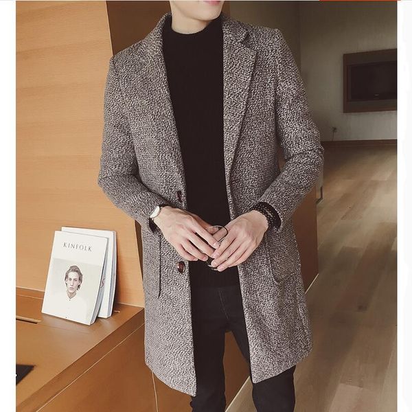 

2019 fast shipping new style fashion men leisure woolen cloth jackets buckle men long coat with belt single-breasted trench coat, Black