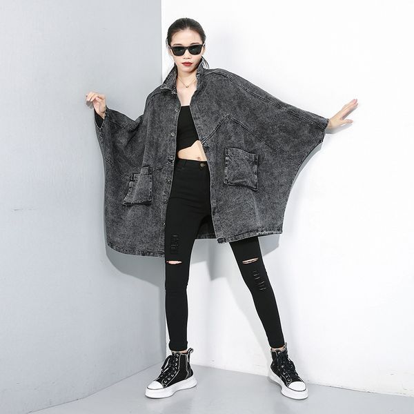 

women's trench coats loose styles clothes washed jeans windbreaker bat jacket womens style single breasted a71z40, Tan;black