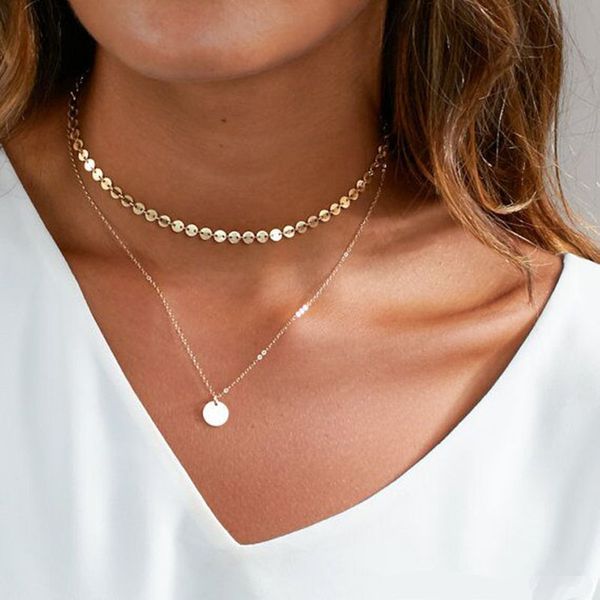

simple gold coin layered choker necklace for women multi layer chocker necklaces collar collier ras du cou femme, Silver