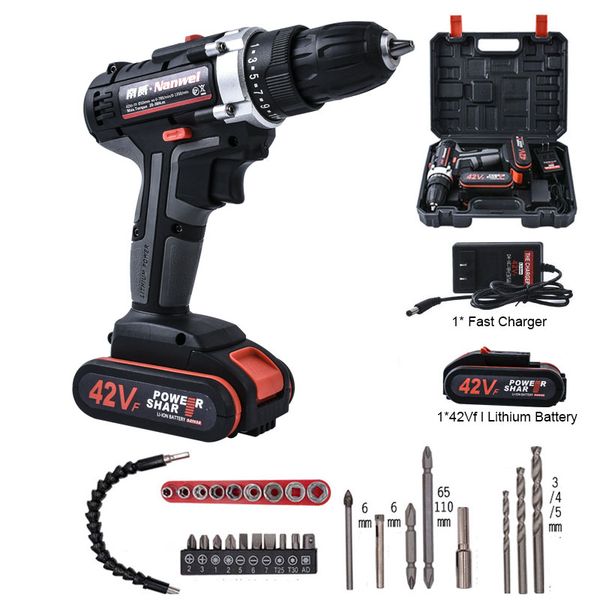 

42v rechargeable lithium battery 2-speed electric screwdriver cordless drill led lighting powerful driver household car tools