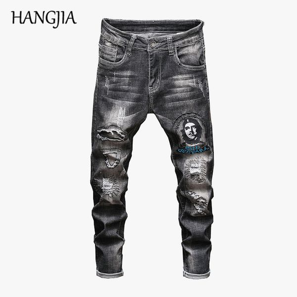 

biker jeans men washed destroyed ripped jogger jeans 2019 streetwear embroidery hole design black straight, Blue