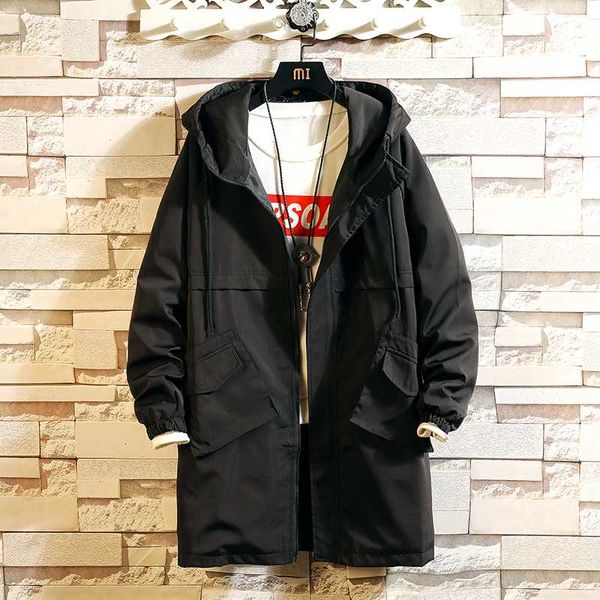 

men's new 2020 winter outdoor hooded jacket casual black grey padded trench coat windbreaker, Tan;black